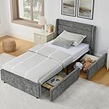 DRIXNO Polsterbett Einzelbett 90x200 cm, Chenille-Oberfläche, Kinderbett mit 2 großvolumigen Schubladen zur Aufbewahrung, Schlafsofa Gästebett Bettgestell mit Lattenrost, Dunkelgrau, ohne Matratze