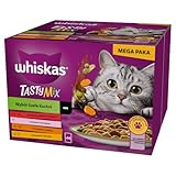 WHISKAS Mahlzeit für Katzen – 48 Frischebeutel (4 Packungen mit 12 x 85 g) – Tasty Mix Auswahl du Chef (4 Sorten) – Nassfutter für ausgewachsene Katzen in Sauce – komplettes & ausgewogenes Nassfutter