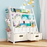 GoTiling Kinder Bücherregal Kinderzimmer Spielzeugregal: Bücherregal mit 2 Aufbewahrungsboxen und 3 Ablagen, Spielzeug-Organizer für Kindergarten, Spielzimmer, Weiß
