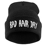AONER Beanie Mütze “Bad Hair Day” Strickmütze Wintermütze mit Einstickung Hip-Hop Mütze Bestickt Mütze, Schwarze Mütze mit Weiß Worte, Einheitsgröße