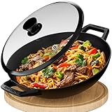 KAISERTAL 32cm Gusseisen Wok Induktion - Wokpfanne aus Gusseisen mit Glasdeckel - Gusseisenpfanne perfekt für Gasgrill, Herd, Ofen & Paella Pfanne - Induktionsgeeignet für Stir Fry oder Sac Tava