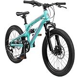 BIKESTAR Kinder Fahrrad Aluminium Fully Mountainbike 7 Gang Shimano, Scheibenbremse ab 6 Jahre | 20 Zoll Kinderrad Fully MTB | Türkis