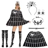 Herenear Halloween Kostüm Spinne, 6 Stück Spinne Kostüm Damen, Spinne Maske, Spinne Haarreifen, Spinnennetz Poncho, Halloween Kostüm Set für Karneval Party Dress Up Erwachsene