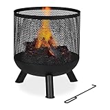 Relaxdays Feuerkorb, Mesh Design, Feuerrost, Schürhaken, Feuer im Garten, Feuertonne, Stahl, HxD: 53 x 44 cm, schwarz