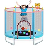 150cm Kindertrampolin für Indoor und Outdoor mit Sicherheitsnetz, Basketballkorb und robuster Sprungmatte – Wasserdicht, Verstellbar und bis 200 kg belastbar