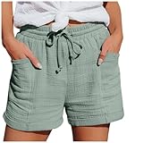 Generisch Damen Kurze Hose Sommer Mode Lässige Musselin Shorts mit Taschen Sport Laufhose Kordelzug Stretch Weite Stoffhose Freizeit Sportshorts