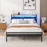 HOJINLINERO Bett 140x200 mit Stauraum und lattenrost 140x200cm,Bettgestell 140x200 Bett mit USB-Ladefunktion & LED-Beleuchtung,Modernes Stauraumbett,Bettrahmen aus Metall/Holz für Schlafzimmer,Schwarz