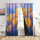 CEDNXOER Natur Blumen Vorhang Blickdicht Gardinen mit Ösen Nebel Tulpen Muster Verdunklungsvorhange, Blau Thermovorhang, wärmeisolierte Vorhänge für Schlafzimmer, 2 Paneele, H 200 x B 70 cm