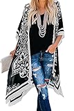 S-kini Damen Kimono Cardigan Sommer Strandkleid Lang Chiffon Strandponcho Pareo Boho Bikini (Schwarz)