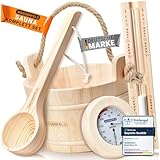 WASSERFELD® Sauna Eimer Set (4 Liter) - Hochwertiger Sauna Eimer mit Kelle, Sanduhr, Thermo- & Hygrometer - Hitzebeständiger Saunakübel 4L inkl. Einsatz & Hanftrageseil - Sauna Zubehör Set