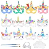 Landifor 24 Stücke Einhornmasken Kinder Bastelset Einhorn Papiermasken zum bemalen Kindermasken Kreative Kunsthandwerk für Geburtstage Halloween Karneval Motto Party Mitgebsel