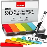 GAUDER Magnetetiketten beschreibbar - Wiederverwendbare Magnetschilder zum Beschriften für Whiteboard, Tafel, Kanban-Board und Kühlschrank - Magnetkarten mit Marker (90 Stück - 75 x 25 mm)