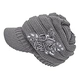 FSSTUD Damen Winter Warme Gestrickte Strickmütze Strick Beanie Mütze mit Schild Cap Grau