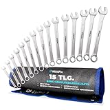 WERKFIX Ring-Maulschlüsselsatz 15-tlg. 6-21mm | CrV-Stahl, mattiert & laser-markiert | Profi Gabel- & Maulschlüssel Set in stabiler Roll-Tasche für KFZ & Montage