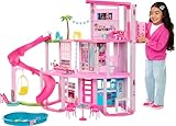 Barbie Traumvilla, 3-stöckiges Barbie-Haus mit 10 Spielbereichen inklusive Pool, Rutsche, Aufzug, 75 Puppen-Accessoires, Spielzeug-Welpe, Spielzeug für Kinder ab 3 Jahre, HMX10