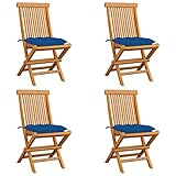 Qnhdfrt 4 Gartenstühle Klappbar mit Blauen Kissen aus Massivholz Teak für Garten Balkon Camping – Faltbar Leicht und Robust