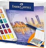FABER-CASTELL 169748 - Aquarellfarben in Näpfchen, mit Mischpalette und Wassertankpinsel, 48er Etui