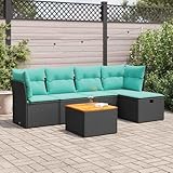 Kaloriko 6-TLG. Garten-Sofagarnitur Schwarz Poly Rattan, Outdoor Lounge Set mit Stauraum, verstellbaren Füßen, Kissen, UV-beständig, 110 kg Tragkraft