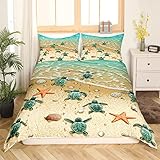Sunnybed Grüne Meeresschildkröte Trösterbezug Ozean Hawaii Strand Tropisches Bettwäsche Set für Teens Jungen,Schildkröte Bettbezug Seestern Muschel Küsten Bettbezug Meerestier Zimmer Dekor 135x200