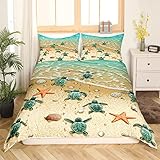 Sunnybed Grüne Meeresschildkröte Trösterbezug Ozean Hawaii Strand Tropisches Bettwäsche Set für Teens Jungen,Schildkröte Bettbezug Seestern Muschel Küsten Bettbezug Meerestier Zimmer Dekor 135x200