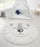 the carpet Lou Weicher Kuscheliger Kinderteppich, Weicher Kuschel-Flor, Pflegeleicht, Farbecht, Outdoor, 3D Optik, Löwen Motiv, Creme, 80 cm Rund