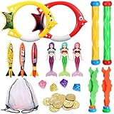 Tatxmalv 27 Stück Tauchen Spielzeug, Kinder Pool Spielzeug, Tauchspielzeug Set mit Tauchstäbe Tauchringen Meerjungfrauen Algenspielzeug Toypedo Banditen Edelsteinen, Poolparty Geschenk für Kinder