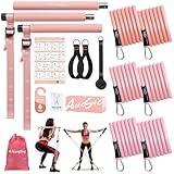 ALongSong Fitnessbänder Pilates Bar Set mit 6 Widerstandsbänder 20-180Lbs & Pilates-Stange, Griffe, Türanker für Fitness/Yoga/Kniebeugen/Stretching/Figurformung-Korallenrosa