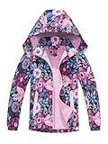 NATUST Mädchen Gefütterte Regenjacke Kinder Winddicht Übergangsjacke Jungen Warm Atmungsaktiv Softshelljacke mit Abtrennbare Kapuze 3D Blumendruck 134-140/140