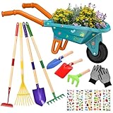 Aragallant Schubkarre für Kinder, 14-teiliges Kinder Schubkarre Garten Set mit Schaufel, Rechen, Gabel, Arbeitshandschuhen, Gartengeräte Kinderschubkarre mit Zubehör, Gartenwerkzeug Kindergartenset