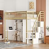 xixiworkshop Hochbett 90x200cm mit Schreibtisch/Kleiderschrank/Stauraum Treppen, Bett für Mädchen Jungen Kinderbett Rausfallschutz ohne Matratze (Holzfarbe)