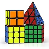 ROXENDA Zauberwürfel Set Originale 2X2 3X3 4X4 Pyramide Speed Cube Set mit Würfel Tutorial für Kinder und Erwachsene, [4er Pack]