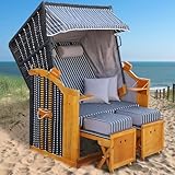 BRAST® Strandkorb Rügen Deluxe | für 2 Personen | 120cm breit | 5 Designs | inkl. wetterfeste Abdeckhaube | verstellbare Rückenlehne weiches Fußkissen | Anthrazit/Weiß - Nadelstreifen