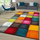TT Home Wohnzimmer Teppich Bunt Kurzflor Wohnzimmerteppich Meliert 3D Optik Geometrisch, Farbe:Grau Rot Gelb, Größe:120x170 cm