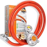 Gasschlauch Set bestehend aus Gasdruckregler 50 mbar mit Manometer und Sicherheitsventil sowie flexiblem Gasschlauch 200 cm - ideal für Gasgrills, Heizstrahler, Hockerkocher, Gaskocher, Lampen, uvm.