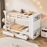 HAINEW Kinderbett Etagenbett 90×200cm mit 2 Schubladen und Sechs Staufächer, Kinder Hochbett Holzbett mit Leiter und Lattenrost für Jungen oder Mädchen, Ohne Matratze