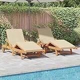 Sonnenliegen 2 STK mit Kissen und Tisch Beige Massivholz Akazie, Gartenliegestuhl Strandliege Relaxliege für Strand Garten Terrasse Camping3325184