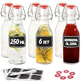 Praknu 6er Set Glasflaschen 250ml mit Bügelverschluss - Bügelflaschen Zum Befüllen - inkl. 6 Extra Dichtungen & 12 Etiketten mit Stift - Glasflaschen für Öl, Essig, Saft & Limonade