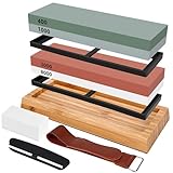 Schleifstein Set für Messer,Professional Schleifstein Set,400/1000 3000/8000 Doppelseitiger Abziehsteine,Mit Bambusbasis,Korrekturstein,Werkzeughalter,Lederstreifen