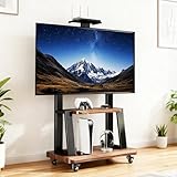 TV Ständer Rollbar aus Stahl für 32-80 Zoll Fernseher bis zu 150kg, Höhenverstellbarer mit Ablage, Curved Oder Flachbildschirm TVs Monitor Bodenständer Mit Abschließbaren Rollen