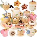 Beberolen Tee Service Set Kinder Holz Kinderküche Teeservice, 31PCS Spielküche Zubehör Teeparty Set Holz, Rollenspiel Tee Set Kinder Outdoor, Holzspielzeug Teeset Geschenk Mädchen Jungen
