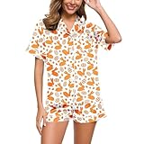 Sommer Schlafanzug Damen, Pyjama Damen Sommer, Pjs Kurz Zweiteilige Nachtwäsche mit Knöpfe Reverskragen Homewear Bequeme Beiläufig Kurzarm Nachthemd und Kurze Hosen Schlafoverall Bedruckter Halloween