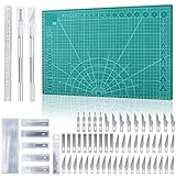 Miuzei Schneidematte Set A3 mit 55stk Bastelmesser und Stahllineal,Selbstheilende Bastelunterlage Schneideunterlage Cutting Mat Basteln Zeichenunterlage Bastelskalpell Bastelmatte (Grün)