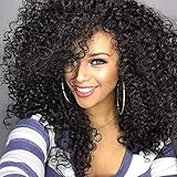 Colorfulpanda Perücke Afro Kinky Schwarze Damen Kurze Wellige Perücken Locken Für Frauen Synthetische Natürliche Haar Wig mit Pony Natürlich lockige Perücke(Schwarz)