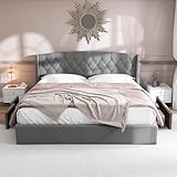 Qsddk Polsterbett Doppelbett 180x200 cm mit Bettkasten, 180er Bett mit 4 Stauraum Schublade, Bettgestell mit Metallrahmen und Lattenrost aus Holz, Schlafzimmer Möbel, Samt, Grau, Ohne Matratze