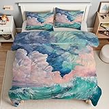 Bettdecke 135x200 Wellen Steppdecke 135x200 Malerei 4 Jahreszeiten Bettdecken mit 2 Kissenbezug, Waschbar Microfaser Bettzeug, Warme Weiche Bettdecke ohne BezugNI3836