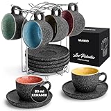 MIAMIO - 6er Set 80 ml, stapelbare Espressotassen aus Keramik mit Untertassen und Metallständer, Espressotassen, Mokkatassen, Kaffeebecher für Espresso, Latte - Las Palmitas Collection