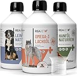 ReaVET Futteröl Hunde, 3 Sorten x 500ml, Barföl Hund - Set aus Lachsöl, Leinöl & Hanföl - Barf Zusatz, Kaltgepresst, Omega-3 Fettsäuren, Ohne Zusätze