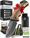 BERGKVIST® K30 Titanium Klappmesser (Zweihandmesser) - Mitführen in Deutschland erlaubt - 3-in-1 Taschenmesser für Outdoor, Camping & Survival mit Feuerstahl & Gürteltasche - Griff aus Olivenholz
