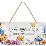 LANOLU Schild Lieblingsplatz Outdoor, Schild Garten, Deko Garten Vintage Schilder, Chill Lounge Gartendeko, Wanddeko Metallschild mit Jutekordel 16x32cm