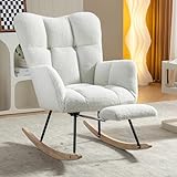 DEECOZY Schaukelstuhl mit Hocker, Gemütlicher Teddy Stillsessel zum Stillen, Schaukelsessel mit Fußstütze,Bequemer Hochlehner mit Holzbeinen für Wohnzimmer, Schlafzimmer, Babyzimmer, Weiß